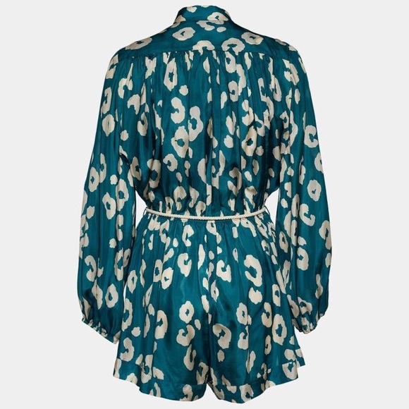 Zimmermann Silk Teal Long Sleeve Animal Leopard Gold Print Romper S / 4